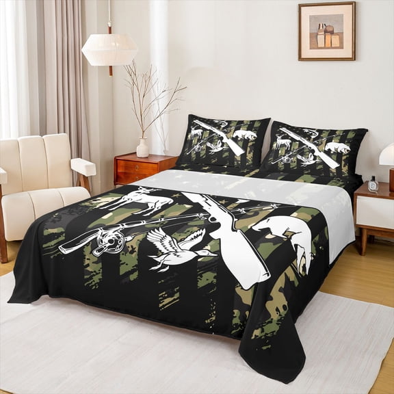 jejeloiu Safari Deer Bear Bed Sheets,Camouflage American Flag King Sheets,Wildlife Hunting Sheet Set For Men Women,Luxury Bedroom Decor,4 Pieces