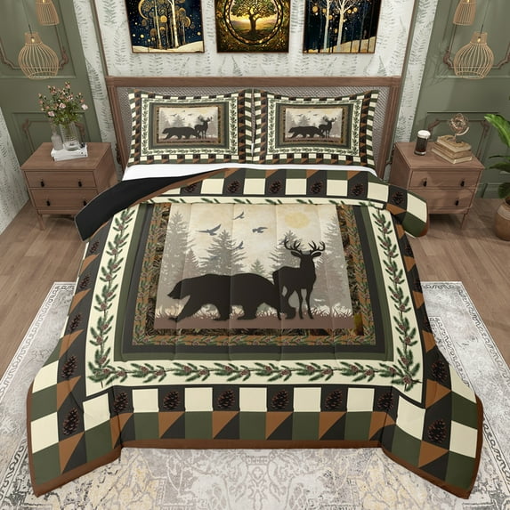 jejeloiu Safari Deer Bear Bedding Comforter Set,Jungle Animal Twin Comforter Sets,Brown Pine Cone Bedding Set For Teens,Microfiber Bedroom Decor Reversible,2-Piece