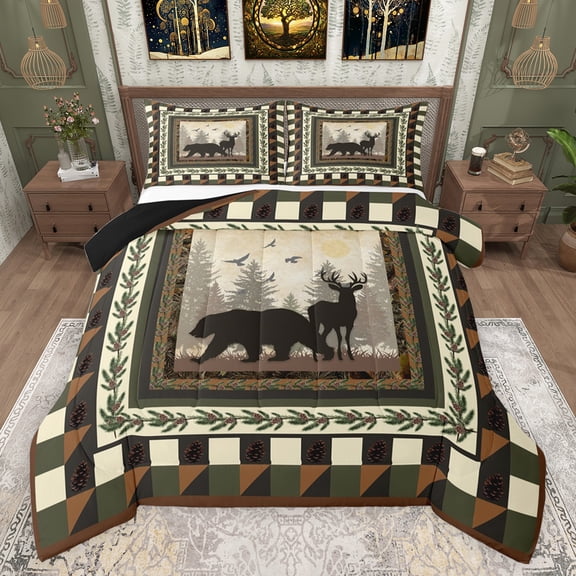jejeloiu Safari Deer Bear Full Size Comforter Sets,Jungle Animal Bedding Comforter Set,Brown Pine Cone Bedding Sets For Teens,Microfiber Bedroom Decor Reversible,3 Pieces