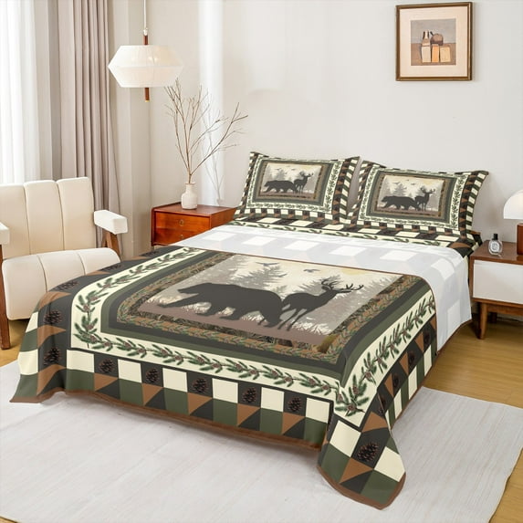 jejeloiu Safari Deer Bear Full Size Sheets,Jungle Animal Bed Sheets,Brown Pine Cone Sheet Sets For Teens,Microfiber Bedroom Decor,4 Pieces