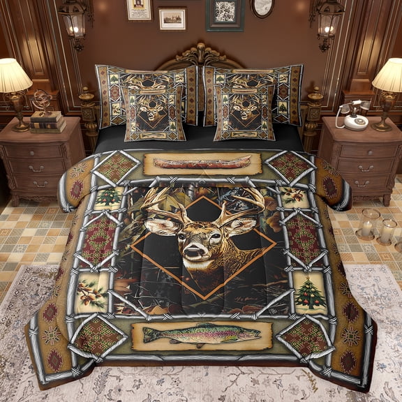 jejeloiu Deer Elk Aztec Fish Twin 7-Piece Reversible Teen Western Microfiber Bedding Set