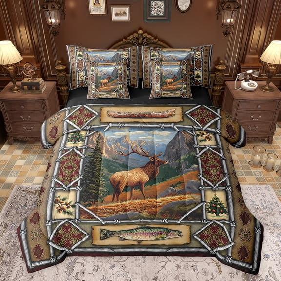 jejeloiu Safari Deer Elk 7pcs Bedding Comforter Set,Nature Landscape Mountain Queen Bedding Sets,Rustic Lake House Queen Sheet Sets For Teens,Microfiber Bedroom Decor Reversible