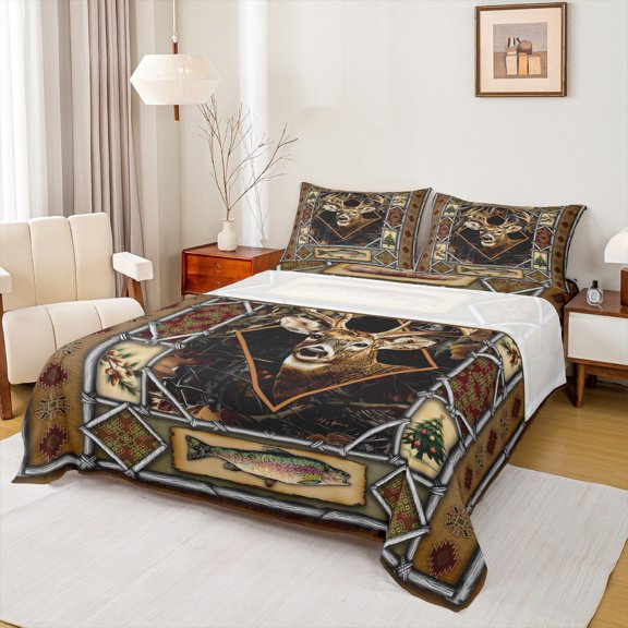 jejeloiu Safari Deer Elk Bed Sheets,Ustic Western Aztec King Sheets,Big Ball Fish Sheet Set For Teens,Microfiber Bedroom Decor,4 Pieces