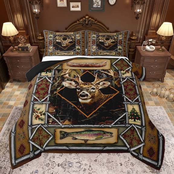 jejeloiu Safari Deer Elk Queen Comforter Set,Ustic Western Aztec Bedding Sets,Big Ball Fish Bedding Comforter Set For Teens,Microfiber Bedroom Decor Reversible,3-Piece