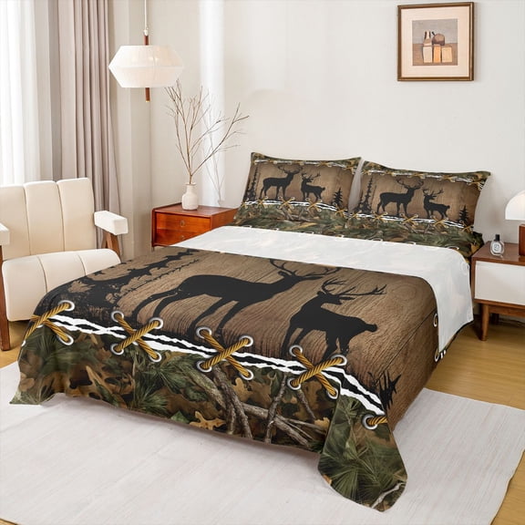 jejeloiu Safari Deer Elk Queen Sheet Sets,Jungle Wilglife Flat Sheet,Old Barn Door Queen Fitted Sheet For Boys Kids,Breathable Home Decor,4pcs
