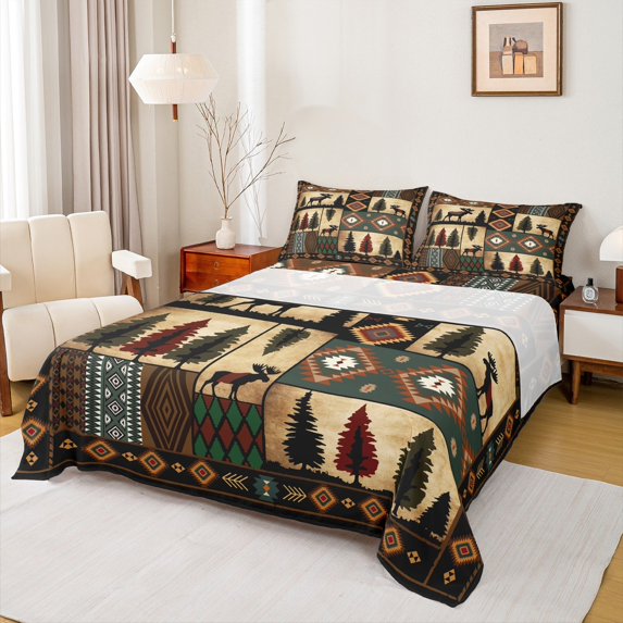 jejeloiu Safari Deer Moose Queen Sheet Sets,Vintage Aztec Geometric Flat Sheet,Wild Plant Pine Queen Fitted Sheet For Teens,Breathable Home Decor,4-Piece