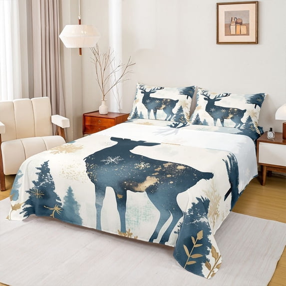 jejeloiu Safari Deer Silhouette Twin Sheet Set (3-Piece) Christmas Teal Beige Gold Decor For Girls Kids