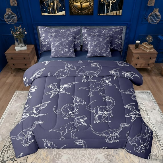 jejeloiu Safari Dino Dinosaur 7-Piece Twin Bedding Sets,Wild Animal Bedding Comforter Set,Deepblue White Sheet Sets For Kids,Luxury Bedroom Decor Reversible