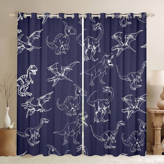 jejeloiu Safari Dino Dinosaur Black Out Curtains,Wild Animal Curtains Pack of 2 (42x63 Each),Deepblue White Bedroom Curtains For Kids,Luxury Bedroom Decor