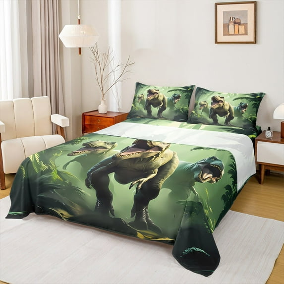 jejeloiu Safari Dino Dinosaur Full Size Sheets,Tropical Monstera Leaf Bed Sheets,Green Plam Plants Sheet Sets For Kids,Luxury Bedroom Decor,4pcs