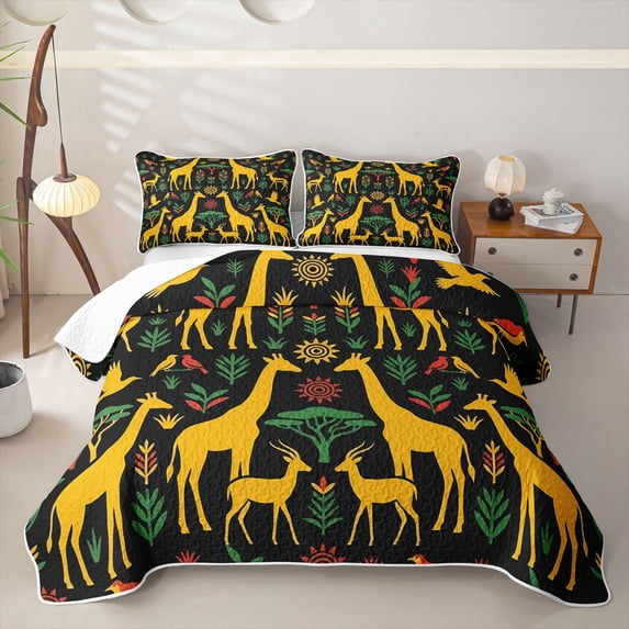 jejeloiu Safari Giraffe Twin Quilt Set For Men Women,Ethnic Pattern Twin Coverlet Set,Black Yellow,2pcs