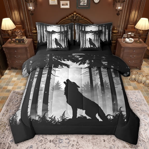 jejeloiu Safari Wolf Animal 7pcs Bedding Comforter Set,Gray Black Queen Bedding Sets For Kids Reversible