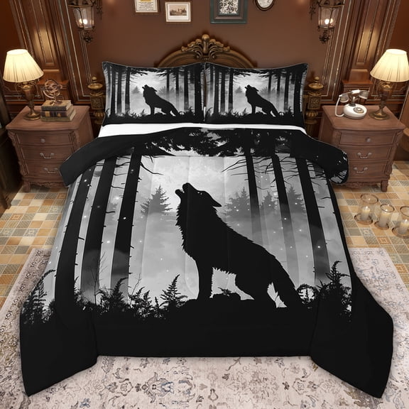 jejeloiu Safari Wolf Animal Full Size Comforter Sets,Gray Black Bedding Sets For Kids Reversible 3 Pieces