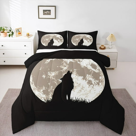 jejeloiu Safari Wolf Full Size Comforter Sets,Howling Wolves Bedding Comforter Set,Earth Moon Bedding Sets For Boys,Lightweight Room Decor Reversible,3pcs