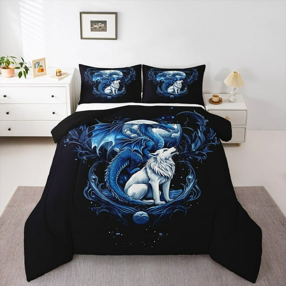 jejeloiu Safari Wolf Full Size Comforter Sets,Magic Animal Dragon Bedding Comforter Set,Western Fantasy Bedding Sets For Boys Kids,Lightweight Bedroom Decorative Reversible,3-Piece