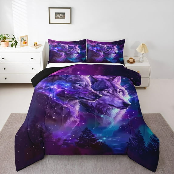 jejeloiu Safari Wolves Full Size Comforter Sets,Jungle Wildlife Bedding Comforter Set,Purple Starry Sky Bedding Sets For Kids Teens,Super Cozy Room Decor Reversible,3 Pieces