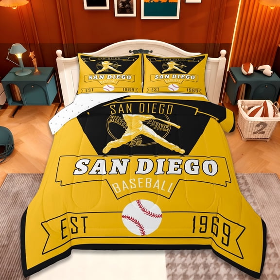 jejeloiu San Diego Full Size Comforter Sets,Ball Game Lover Bedding Comforter Set,Baseball Sport City Bedding Sets For Children,Super Cozy Room Decor Reversible,3pcs