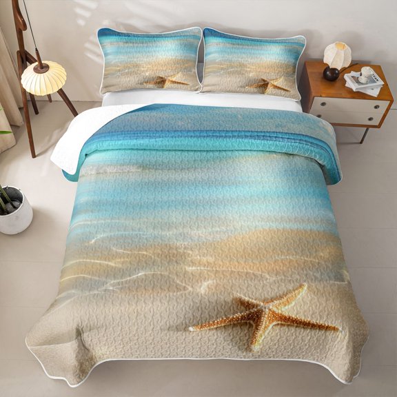 jejeloiu Sandy Sea Beach Bed Spread Queen For Girls,Starfish Ocean Queen Coverlet Set,Blue Beige,3-Piece