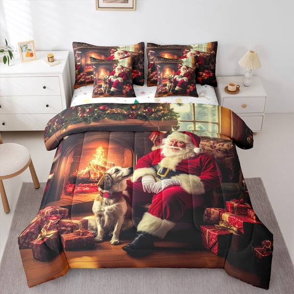 jejeloiu Santa Claus Bedding Comforter Set 7-Piece,Merry Christmas King Bedding Sets,Happy New Year Bed Sheets For Men Women,Breathable Home Decor Reversible
