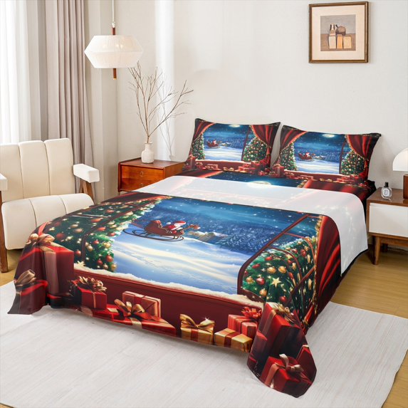 jejeloiu Santa Claus Full Size Sheets,Chic Christmas Gifts Bed Sheets,Green Xmas Tree Sheet Sets For Teens,Microfiber Bedroom Decor,4 Pieces