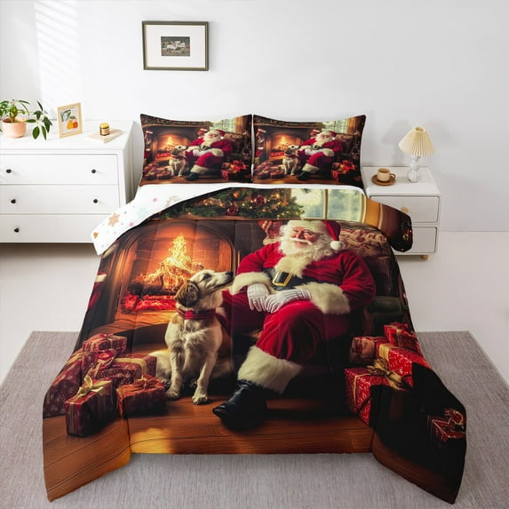 jejeloiu Santa Claus Queen Comforter Set,Merry Christmas Bedding Sets,Happy New Year Bedding Comforter Set For Men Women,Breathable Home Decor Reversible,3-Piece