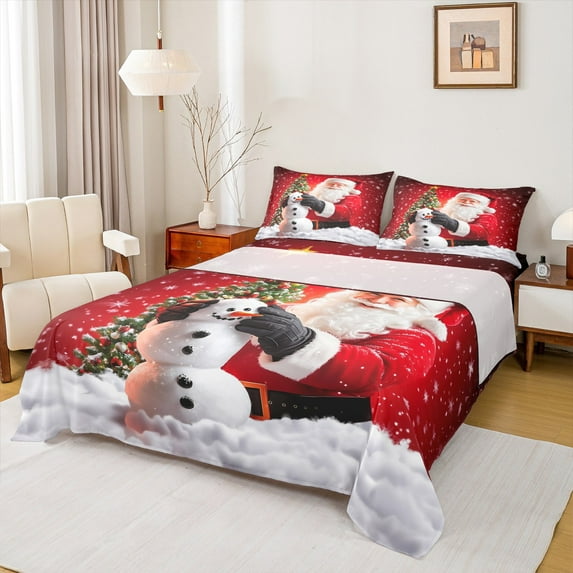 jejeloiu Santa Claus Queen Sheet Sets,Christmas Snowmen Flat Sheet,Xmas Tree Queen Fitted Sheet For Girls Boys,Super Cozy Room Decor,4pcs