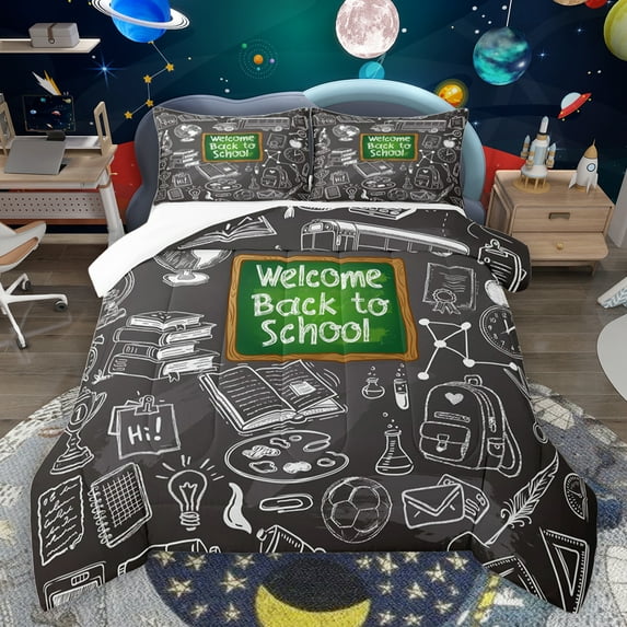 jejeloiu School Theme Full Size Comforter Sets,Cartoon Hand-Painted Bedding Comforter Set,Green Gray White Bedding Sets For Kids,Ultra Soft Home Decor,3pcs