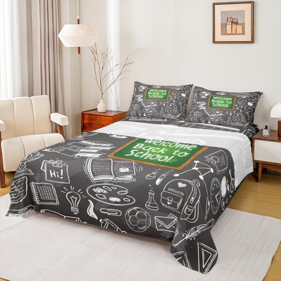 jejeloiu School Theme Twin Sheet Sets,Cartoon Hand-Painted Twin Fitted Sheet,Green Gray White Flat Sheet For Kids,Ultra Soft Home Decor,3 Pieces