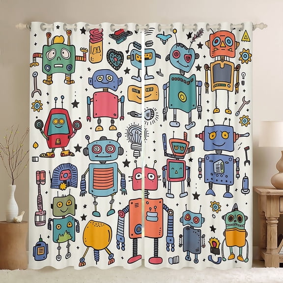 jejeloiu Science Fiction Robot Blackout Curtains Set of 2 (52x84 Each),Modern Intelligent Machine Window Curtains,Retro Watercolor Robot Curtains and Drapes, Microfiber Bedroom Decor