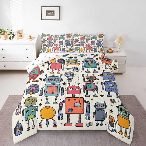 jejeloiu Science Fiction Robot Full Size Comforter Sets,Modern Intelligent Machine Bedding Comforter Set,Retro Watercolor Robot Bedding Sets, Microfiber Bedroom Decor Reversible,3 Pieces