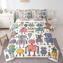 jejeloiu Science Fiction Robot Twin Bedding Sets 7-Piece,Modern Intelligent Machine Bedding Comforter Set,Retro Watercolor Robot Sheet Sets, Microfiber Bedroom Decor Reversible