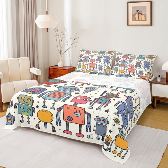 jejeloiu Science Fiction Robot Twin Sheet Sets,Modern Intelligent Machine Twin Fitted Sheet,Retro Watercolor Robot Flat Sheet, Microfiber Bedroom Decor,3-Piece