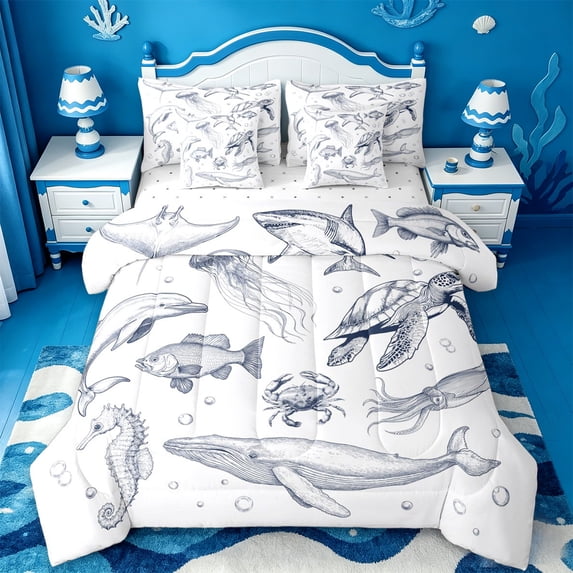 jejeloiu Sea Animal Sketch 7-Piece Twin Bedding Sets Kids,Ocean Animal Seahorse Jellyfish Bedding Comforter Set,Reversible