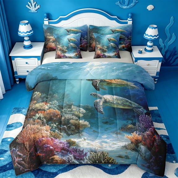 jejeloiu Sea Animal Turtle 7pcs Bedding Comforter Set Kids,Under The Sea Ocean Style Queen Bedding Sets,Reversible