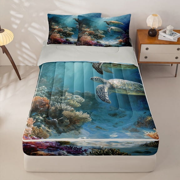 jejeloiu Sea Animal Turtle Zipper Twin Comforter Sets with Fitted Sheet and 2 Pillowcases Kids,Under The Sea Ocean Style Zipper Bedding Set,Reversible,4 Pieces
