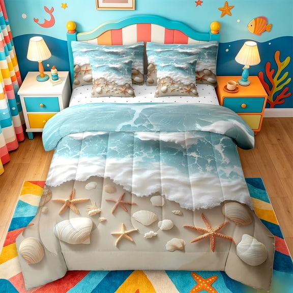 jejeloiu Sea Beach 7-Piece Twin Bedding For Girls,Starfish Shell Print Bedding Comforter Set,Teal Beige,Reversible