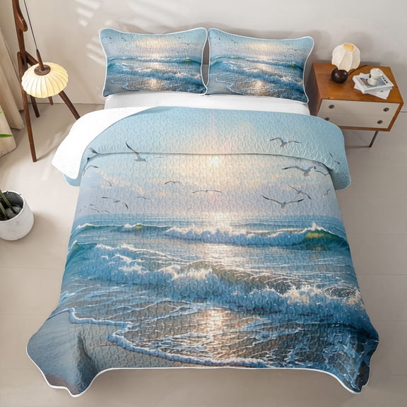 jejeloiu Sea Beach Bed Spread Queen Kids,Ocean Animal Seagull Queen Coverlet Set For Girls,3-Piece