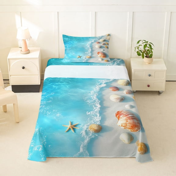 jejeloiu Sea Beach Shell Pattern Twin Sheet Sets Kids,Hawaii Ocean Holiday Bedding For Boy,3-Piece