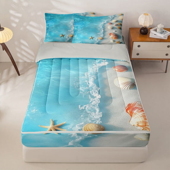 jejeloiu Sea Beach Shell Pattern Zipper Full Size Comforter Sets with Fitted Sheet and 2 Pillowcases Kids,Hawaii Ocean Holiday Zipper Bedding Set For Boy,Reversible,4 Pieces