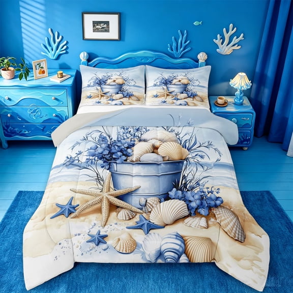 jejeloiu Sea Beach Shell Queen Comforter Set Kids,Coastal Style Ocean Starfish Bedding Comforter Set,Reversible,3-Piece