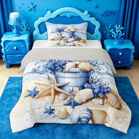 jejeloiu Sea Beach Shell Twin Comforter Sets Kids,Coastal Style Ocean Starfish Bedding Set,Reversible,2 Pieces