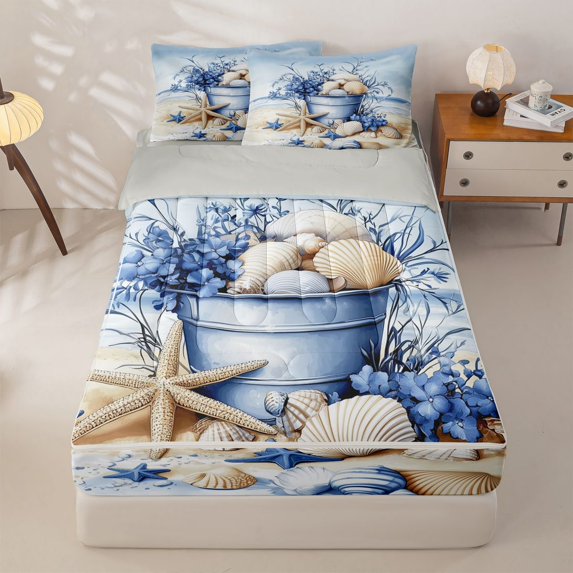 jejeloiu Sea Beach Shell Zipper Full Size Comforter Sets with Fitted Sheet and 2 Pillowcases Kids,Coastal Style Ocean Starfish Zipper Bedding Set,Reversible,4-Piece