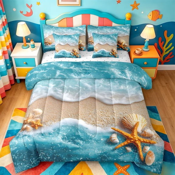 jejeloiu Sea Beach Starfish 7 Pieces Full Size Bedding Sets For Girls,Seashell Wave Print Full Size Bed in a Bag,Teal Beige,Reversible