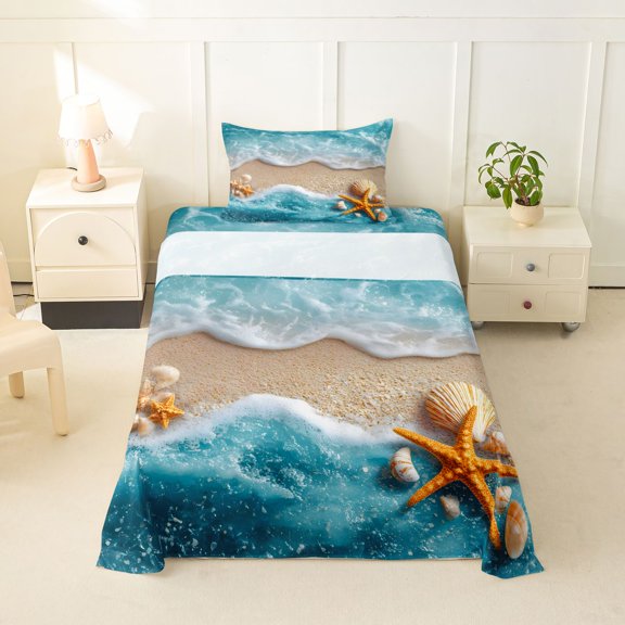 jejeloiu Sea Beach Starfish Twin Sheets For Girls,Seashell Wave Print Bedding,Teal Beige,3 Pieces,1 Fitted Sheet and 1 Pillowcase