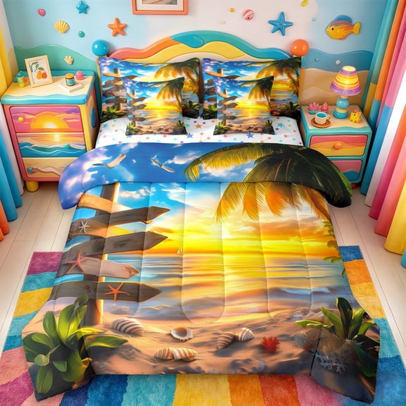 jejeloiu Sea Beach Sunset 7 Pieces Full Size Bedding Sets For Girls,Coastal Palm Seashell Full Size Bed in a Bag,Golden Yellow,Colorful Stars Reversible