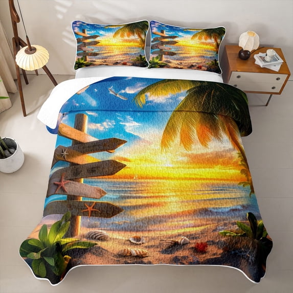 jejeloiu Sea Beach Sunset Quilt Full For Girls,Coastal Palm Seashell Full Bedspread Sets,Golden Yellow,3 Pieces