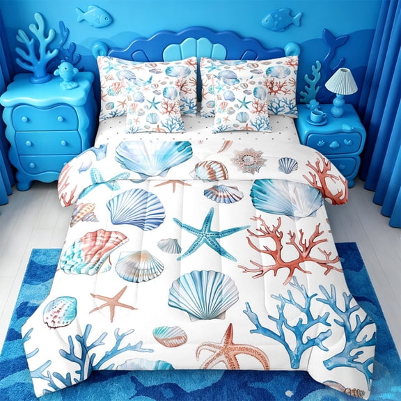 jejeloiu Sea Life Seashell 7 Pieces Full Size Bedding Sets For Girls,Cute Starfish Coral Full Size Bed in a Bag,Multicolor,Reversible