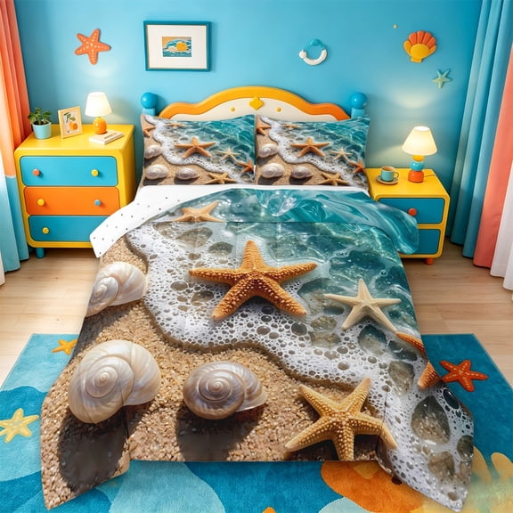 jejeloiu Sea Starfish Shell Full Size Comforter Sets For Girls,Ocean Wave Shore Bedding Comforter Set,Teal Beige,Reversible,3pcs,1 Comforter and 2 Pillowcases