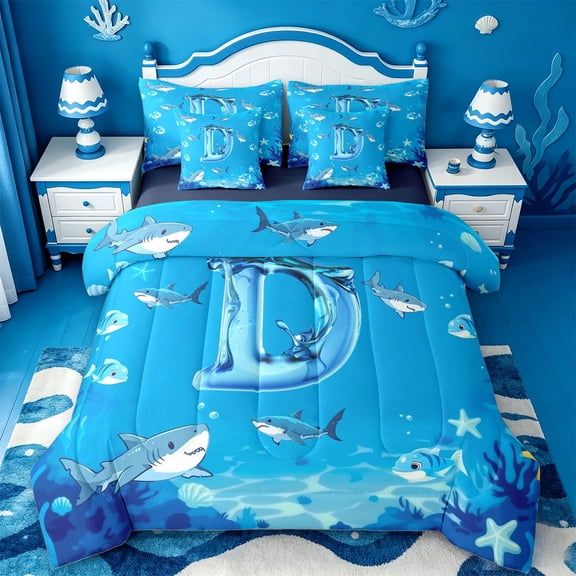 jejeloiu Sea Themed Monogram D 7pcs Bedding Comforter Set For Kids,Ocean Animal Shark Queen Bedding Sets For Boy,Navy Blue Reversible