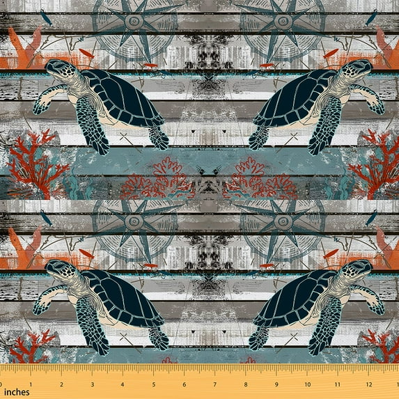 jejeloiu Sea Turtle Fabric by the Yard 2 Yards, Coastal Beach Starfish Room Decor Fabric by the Yard, Vintage Compass Barn Door Sewing Fabric, Breathable Room Decor